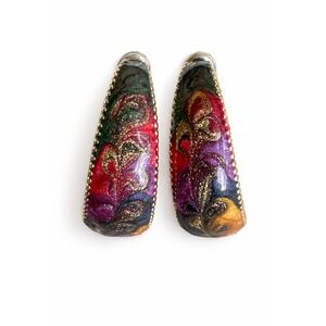 Vintage '80s Multi-Color Enamel Swirl Hoop Earrings Gold Tone Abstract J Hoops